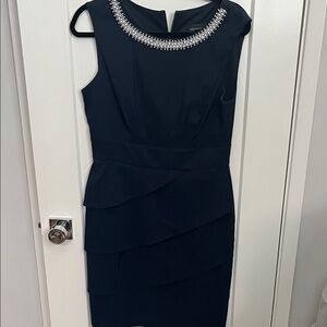 Connected Apparel Black Layered Mini Dress with Embellished Neckline